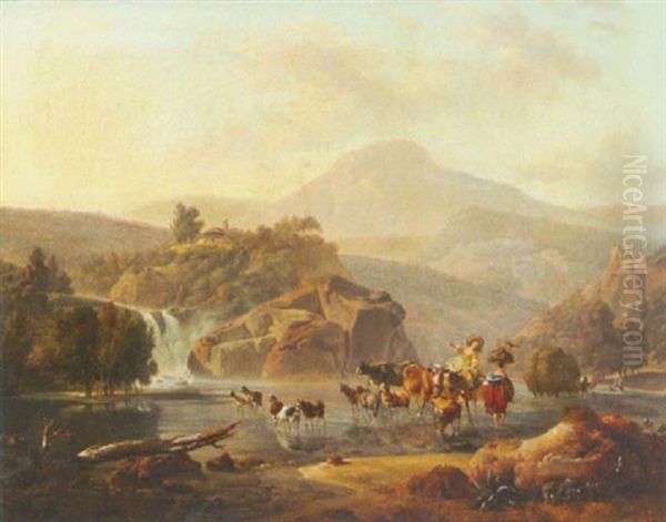 La Traversee Du Gue Dans Un Paysage Rocheux Oil Painting by Jean Baptiste Pillement