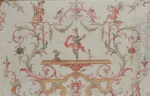A Decorative Panel With Musicians, A Dancer With A Tambourine, Flanked By A Dog And Monkey, Surrounded By Grotesque Designs Oil Painting by Jean-Baptiste Pillement