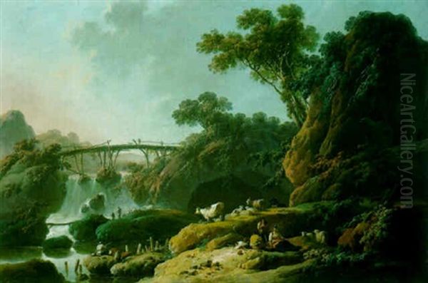 A Landscpae With Shepherds Resting On A Bank By A Waterfall Oil Painting by Jean Baptiste Pillement