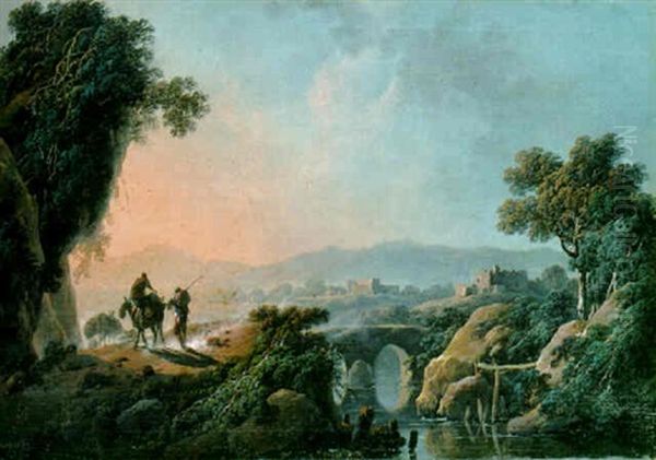 A River Landscape At Sunset With Travelers On A Rocky Path Oil Painting by Jean Baptiste Pillement