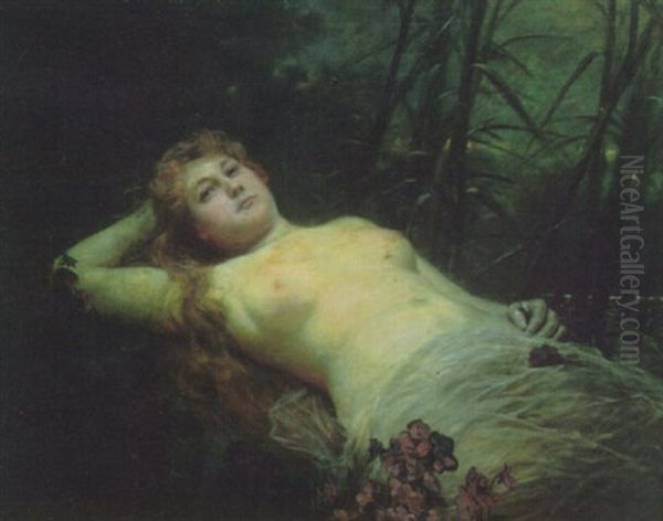 Donna Seminuda In Un Paesaggio Notturno Oil Painting by Otto Pilny