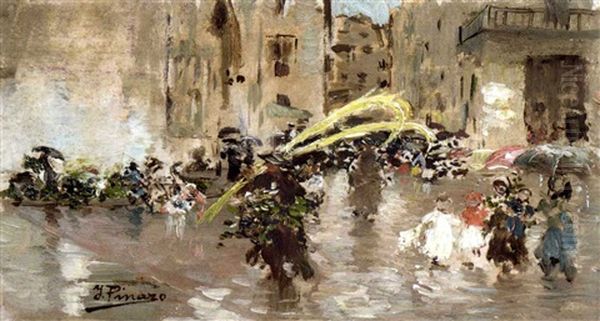 Domingo De Ramos En La Plaza De La Virgen, Valencia (palm Sunday In Valencia) Oil Painting by Ignacio Pinazo Camarlench