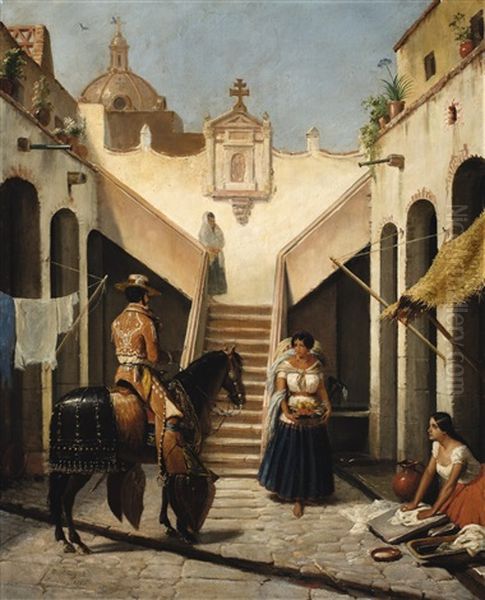 Chinaco E India En Patio Mexicano Oil Painting by Edouard Henri Theophile Pingret
