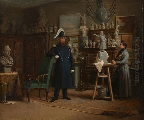 Le Marechal Lobau Posant Dans L'atelier De Jean-pierre Dantan Oil Painting by Edouard Henri Theophile Pingret