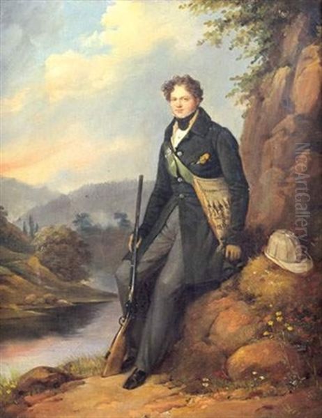 Chasseur Devant Un Paysage De Riviere Oil Painting by Edouard Henri Theophile Pingret
