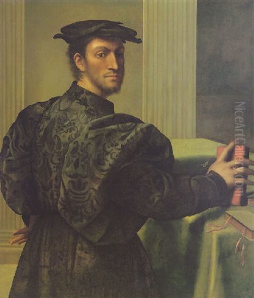 Portrait Of A Gentleman, Standing, His Hand On A Book And Looking Back Over His Right Shoulder Oil Painting by Sebastiano Del Piombo