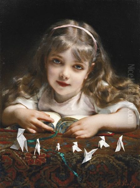 A Young Girl With Origami Birds Oil Painting by Etienne Adolph Piot
