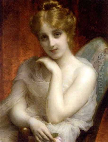 Jeune Femme Accoudee Tenant Une Rose Oil Painting by Etienne Adolph Piot