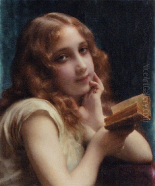 A Young Girl Reading Oil Painting by Etienne Adolph Piot