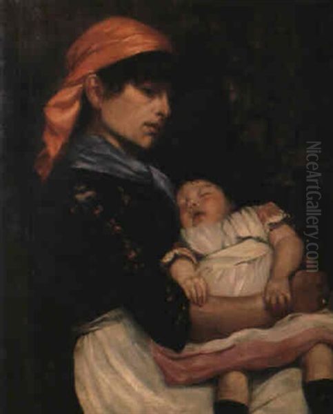 Mother And Child Oil Painting by Etienne Adolph Piot