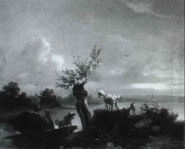 Abendliche Begegnung Am Flus Oil Painting by Carl Pischinger