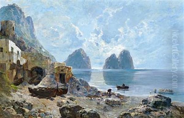The Rocky Coast Of Capri With The Faraglioni In Morning Light Oil Painting by Enrico (Ulrico) Pistilli