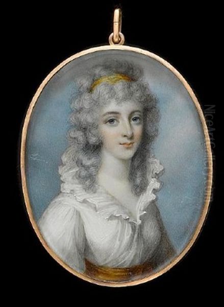 A Lady, Wearing White Dress With Frilled Collar And Orange Sash, Her Curled And Powdered Hair Worn Long And Dressed With An Orange Bandeau Oil Painting by George Place