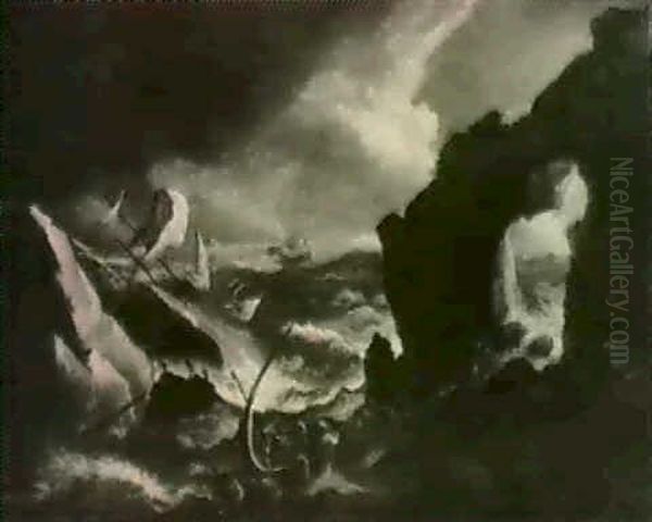 Ships Floundering On A Stormy Sea Oil Painting by Matthieu Van Plattenberg