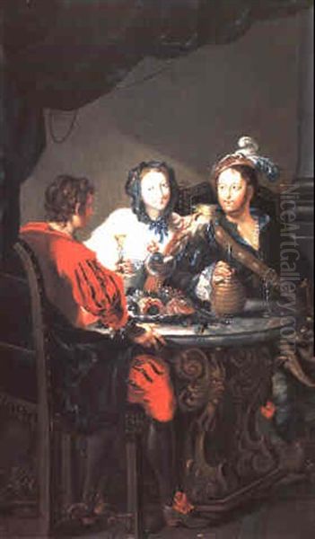 Kleine Gesellschaft Beim Wein Oil Painting by Johann Georg Platzer