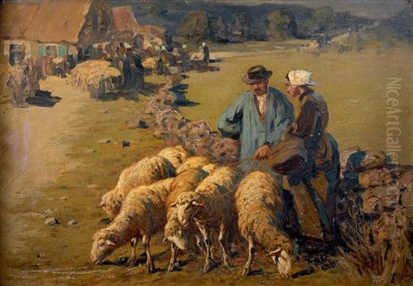 Couple De Berger Et Son Troupeau Oil Painting by Alfred Plauzeau