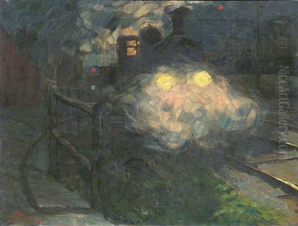 Dampf Auslassende Lokomotive Bei Nacht Oil Painting by Hermann Pleuer