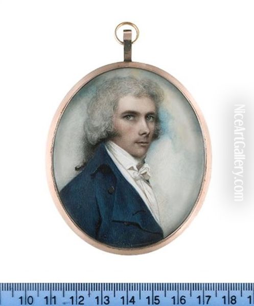 A Gentleman, Wearing Blue Coat, White Waistcoat And Tied Cravat, His Powdered Hair Worn En Queue With A Black Ribbon Bow Oil Painting by Andrew Plimer