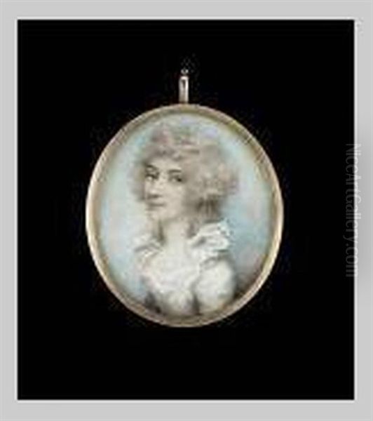 Lady Wearing Decollete White Dress With Frilled Standing Collar, Her Hair Powdered Oil Painting by Andrew Plimer