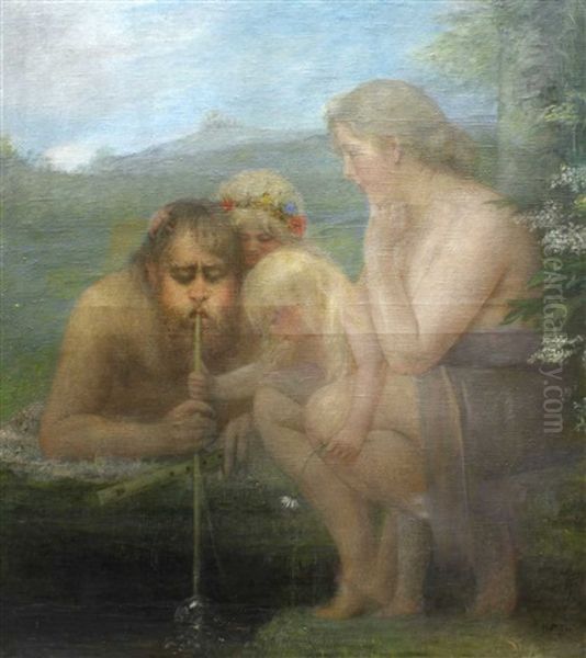 Landschaft Mit Wassermann, Nymphe Und Zwei Kindern Oil Painting by Heinrich Pluehr