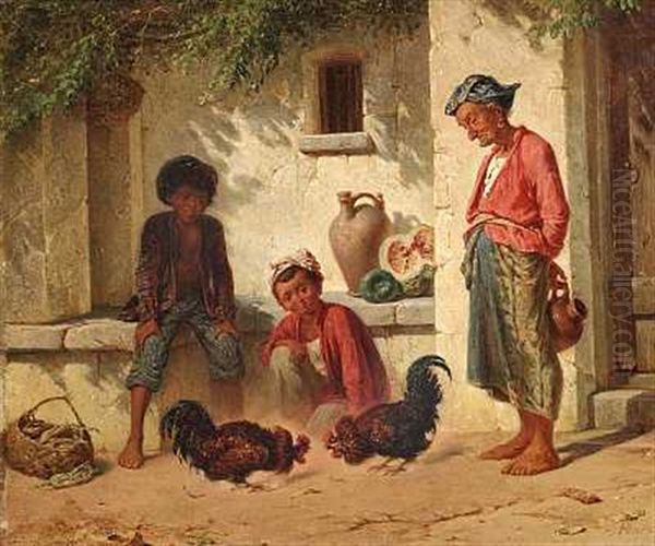 Tilskuere Ved En Hanekamp Oil Painting by August (Poul A.) Plum