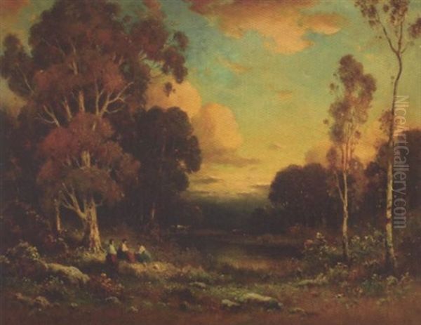 Figures And Cattle Watering In Wooded Landscape Oil Painting by Alexis Matthew Podchernikoff