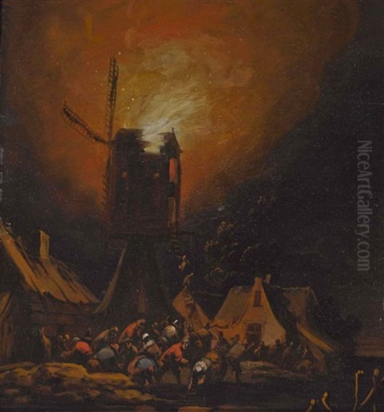Feuersbrunst In Einem Hollandischen Dorf Oil Painting by Adriaen Lievensz van der Poel