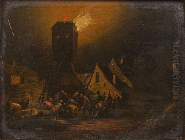 Incendie De Moulin De Nuit Dans Un Village Oil Painting by Egbert Lievensz van der Poel
