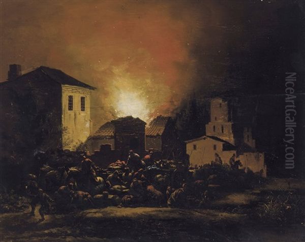 Fire At Night (1664) Oil Painting by Egbert Lievensz van der Poel