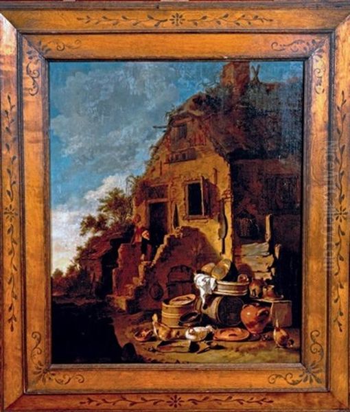 Nature Morte D'instruments De Cuisine Devant L'entree D'une Maison Oil Painting by Egbert Lievensz van der Poel