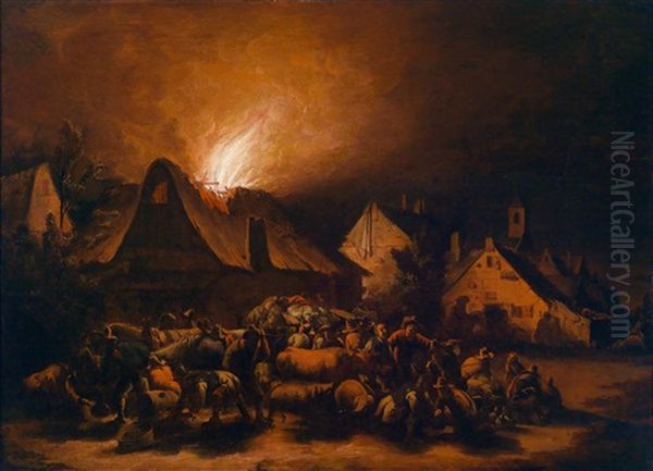 Nachtliche Feuersbrunst In Einem Dorf Oil Painting by Egbert van der Poel
