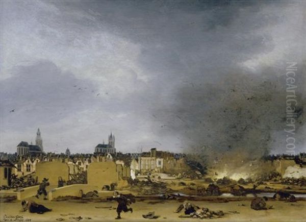 Ansicht Auf Delft Mit Der Explosion Von 1654 Oil Painting by Egbert van der Poel