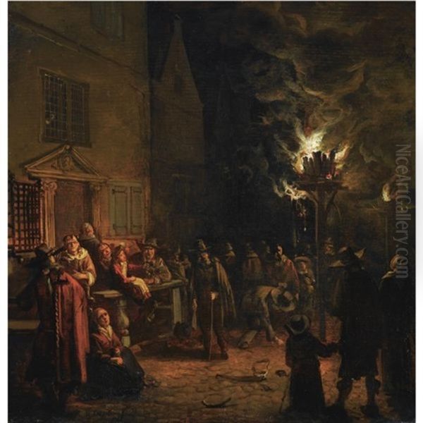 A Nocturnal Village Scene On The Oude Delft, With Numerous Figures Gathered Around A Burning Tar-barrel Oil Painting by Egbert Lievensz van der Poel