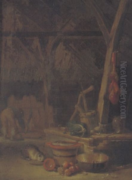 Eine Scheune Mit Geschirr, Geraten, Einer Katze, Im Hintergrund Ein Bauer, Der Ein Schwein Futtert Oil Painting by Egbert Lievensz van der Poel