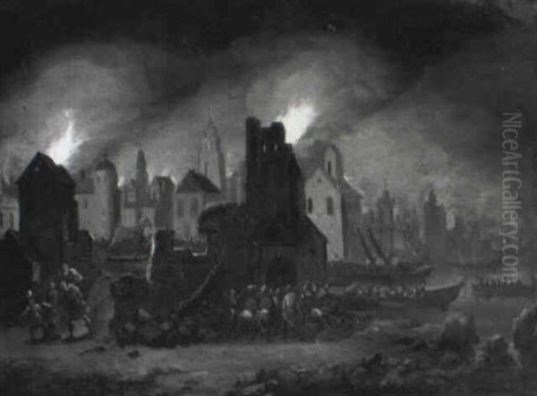 The Sacking Of Troy, With Aeneas And His Family Fleeing Oil Painting by Egbert van der Poel