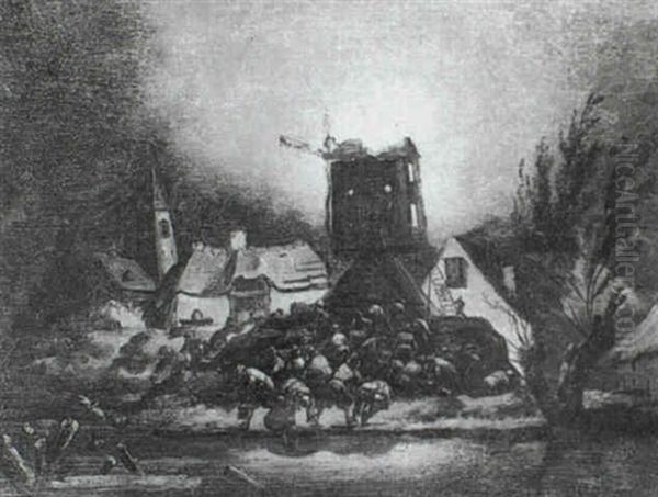 Villagers Collecting Water By Moonlight From A River To     Dowse A Fire Blazing In A Windmill At The Edge Of A Town Oil Painting by Egbert Lievensz van der Poel