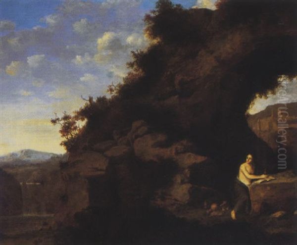 The Pentitent Magdalene In A Rocky Landscape Oil Painting by Cornelis Van Poelenburgh