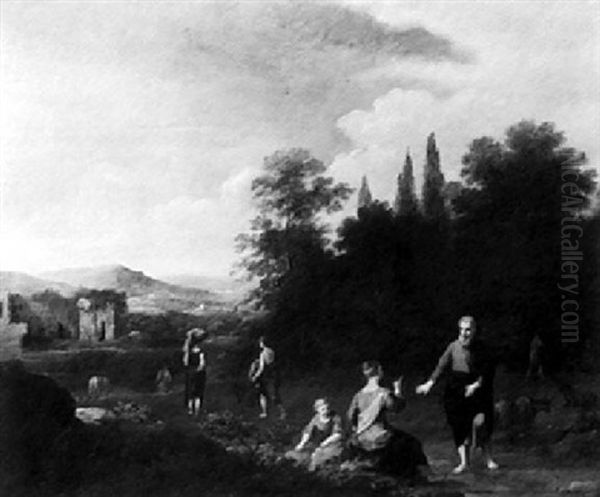 Figures And Animals In A Landscape Oil Painting by Cornelis Van Poelenburgh