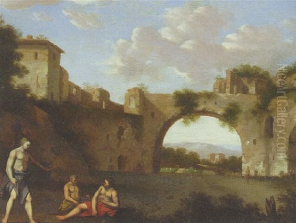 A Classical Landscape With Figures Resting Before An Archway Oil Painting by Cornelis Van Poelenburgh