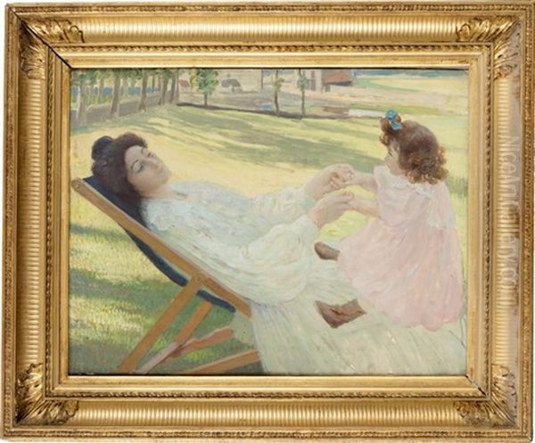 Mere Dans Une Chaise Longue Jouant Avec Sa Petite Fille Oil Painting by Gustave Poetzsch