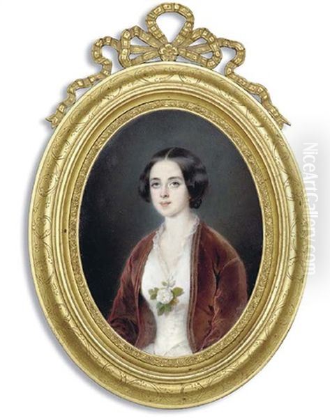 A Young Lady In Lace-bordered White Dress With White Rose And Foliage At Corsage, Russet-red Velvet Coat, Centre-parted Dark Hair Oil Painting by Pierre Paul Emmenuel de Pommayrac