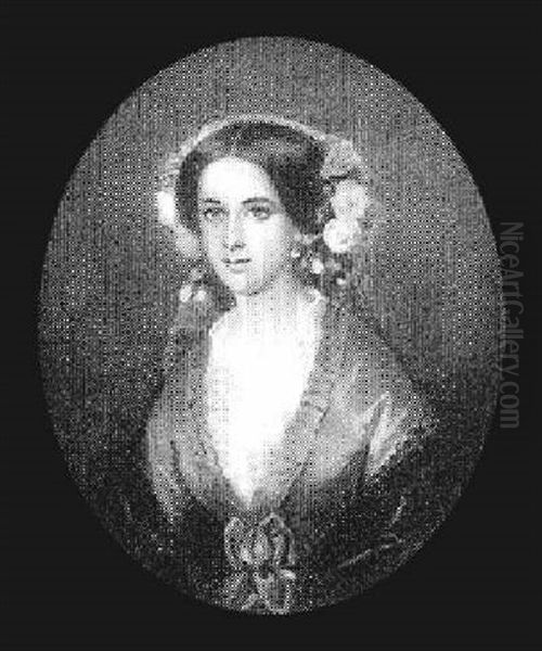 A Portriat Of J. Berville Wearing Black Lace Trimmed Shawl, And A Green Dress With White Lace Underslip Oil Painting by Pierre Paul Emmenuel de Pommayrac