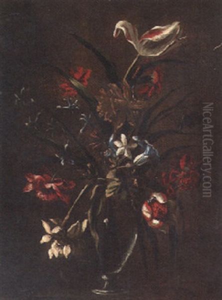 Tulips, Carnations, A Daffodil And Other Flowers In A Glass Vase Oil Painting by Antonio Ponce