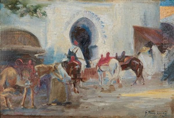 Halte A L'entree D'une Ville A Break Near The Entrance Of A Town Oil Painting by Francisco Pons Arnau