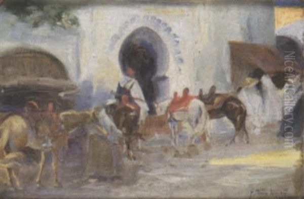 Figures And Horses In An Arab Street Oil Painting by Francisco Pons Arnau