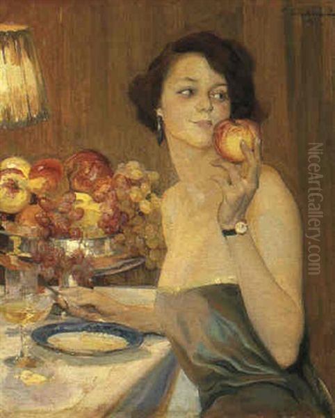 A Ripe Apple Oil Painting by Francisco Pons Arnau