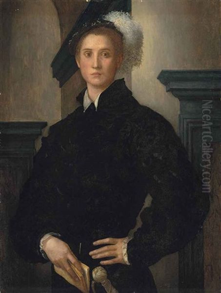 Portrait Of Cosimo I De Medici (1519-74), Half-length, In A Black Slashed Doublet And A Plumed Hat, Holding A Book Oil Painting by  Pontormo