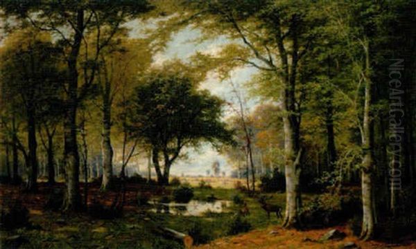 Rotwildrudel In Einer Waldlandschaft Oil Painting by Jacobus Johannes Van Poorten