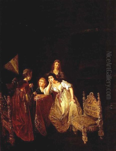 An Interior With A Maid Showing Pearls To Ladies, Another Maid Beyond And A Bed In The Background Oil Painting by Willem De Poorter