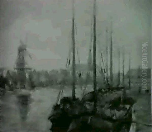 Hollandischer Hafen Mit Muhle Oil Painting by Johann H. Pootjes